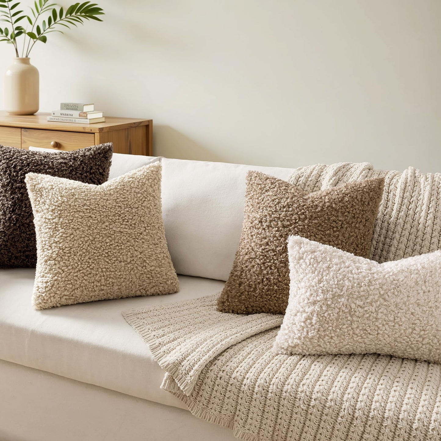 Woaboy Faux Fur Throw Pillow Covers 20x20 Inch Set of 2 Boucle Neutral Decorative Sherpa Fuzzy Accent Soft Sheepskin Fleece Cushions Modern Home Decor for Couch Sofa Bedroom Living Room,Oatmeal