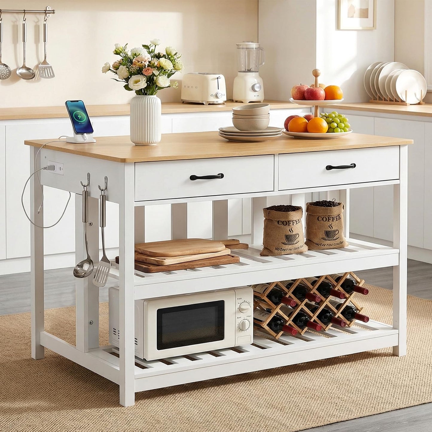 Grepatio 47 Inches Kitchen Island with Storage, Wooden Island Counter with Charging Station, Island Table with Shelves, 2 Drawers and 4 Hooks for Kitchen, Living Room, Dining Room, White and Natural