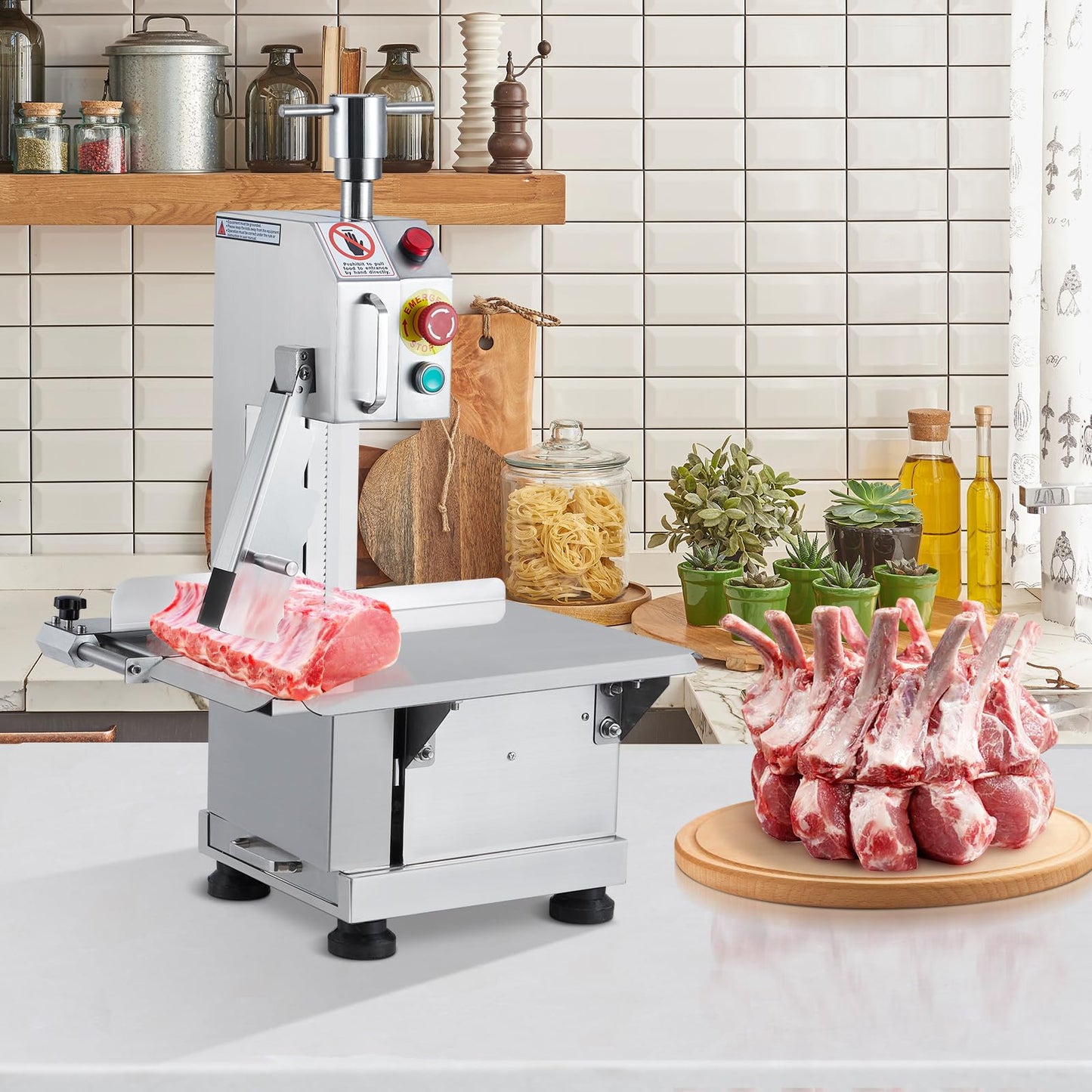 850w Commercial Electric Meat Bandsaw, Stainless Steel Countertop Bone Sawing Machine with 19.1 x 14.2 In Workbench, 4 Inch Max Cutting Thickness Frozen Meat Cutter for Rib Pork Beef