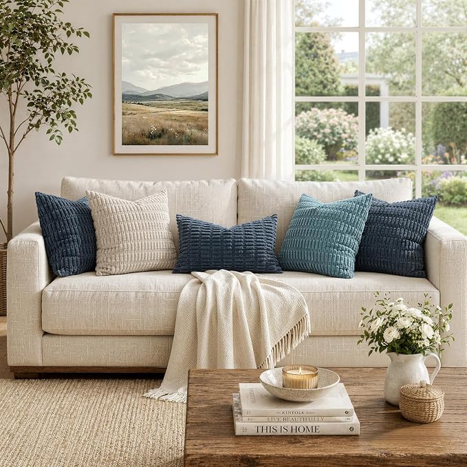 MIULEE Pack of 2 Corduroy Decorative Lumbar Throw Pillow Covers 20x12 Inch Soft Boho Striped Pillow Covers Modern Farmhouse Home Decor for Summer Coastal Sofa Living Room Couch Bed Blue