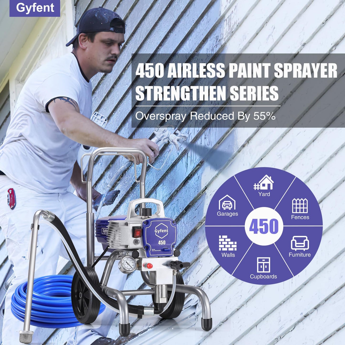 450 Airless Paint Sprayer with 66FT Hose, 0.47GPM Paint Sprayer for Home Interior 3300psi 900W High Efficiency Airless Sprayer with Low Overspray for House Painting Townhouse