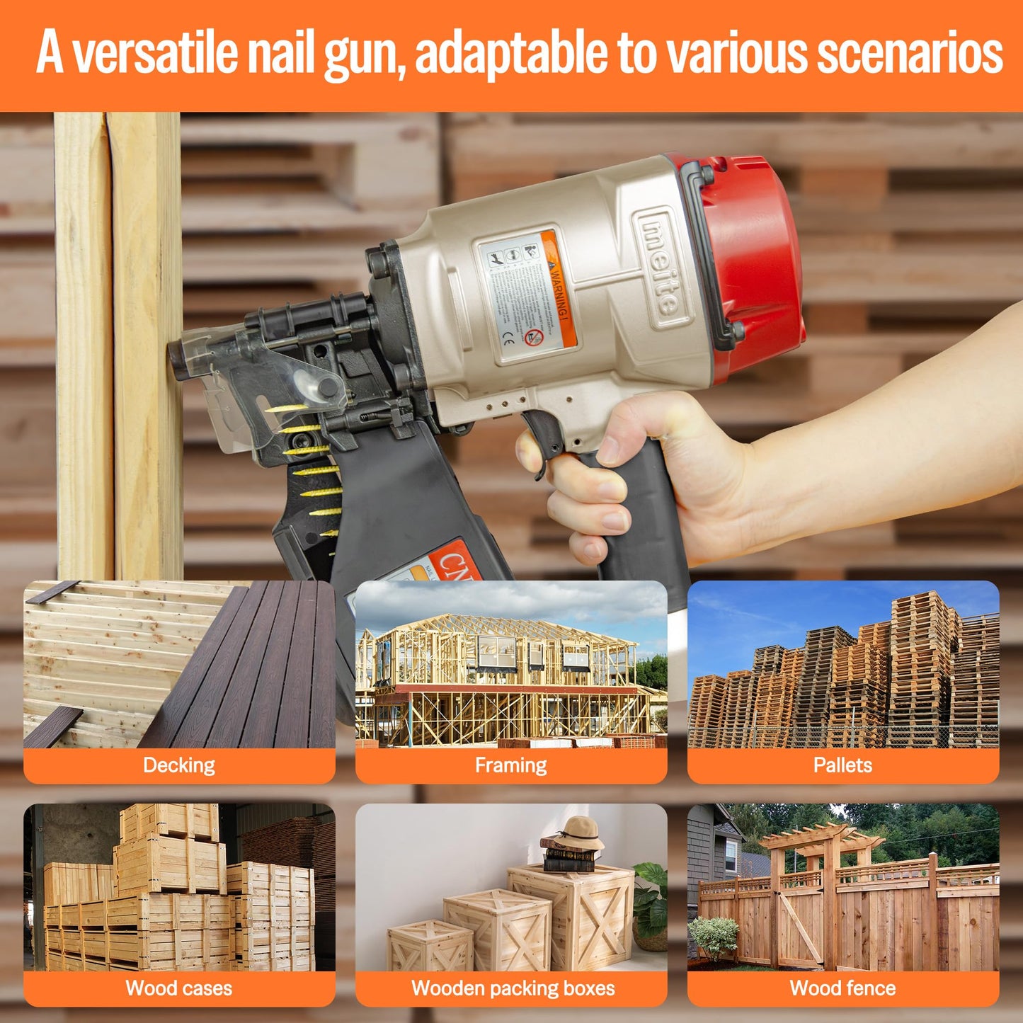 meite CN70B Pneumatic Coil Nailer 15/16 Degree 1-3/4 Inch to 2-3/4 Inch Air Nail Gun, Coil Nail Magazine 300PCS, Heavy Duty Pallet Framing Coil Nailer for Siding Sheathing Wooding Fencing Decking