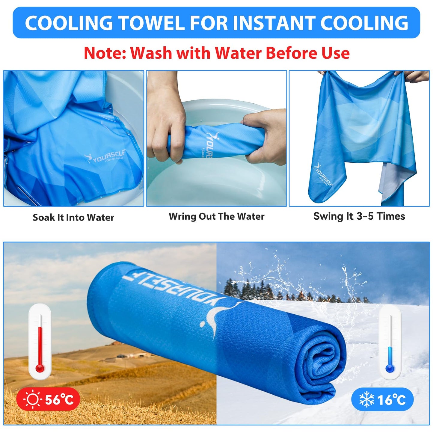SYOURSELF Cooling Towels for Neck and Face, 4 Pack 40" x 12" Cooling Towel for Hot Weather, Soft Breathable Instant Cool Chilly Pad for Sports Golf Yoga Gym Athletes Camping Ice Towels(Mix-4pcs)