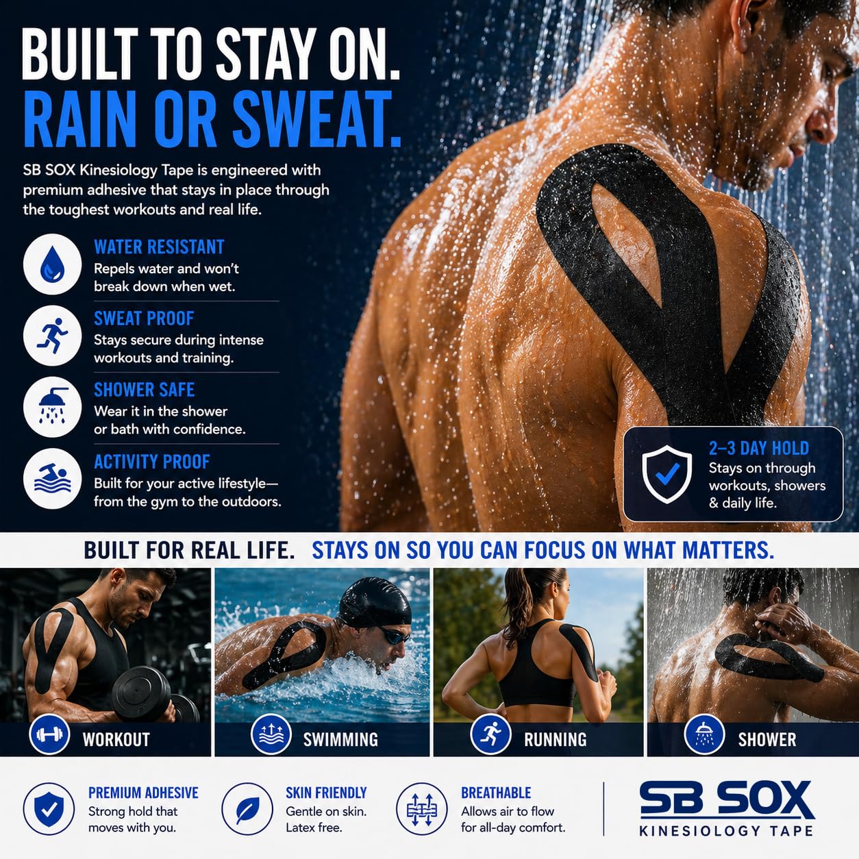 SB SOX Original Cotton Kinesiology Tape Roll – Best Latex Free Athletic Tape for Muscles/Joints – Waterproof, Stretchy, and Gentle on Skin (16ft) (Black - Precut)