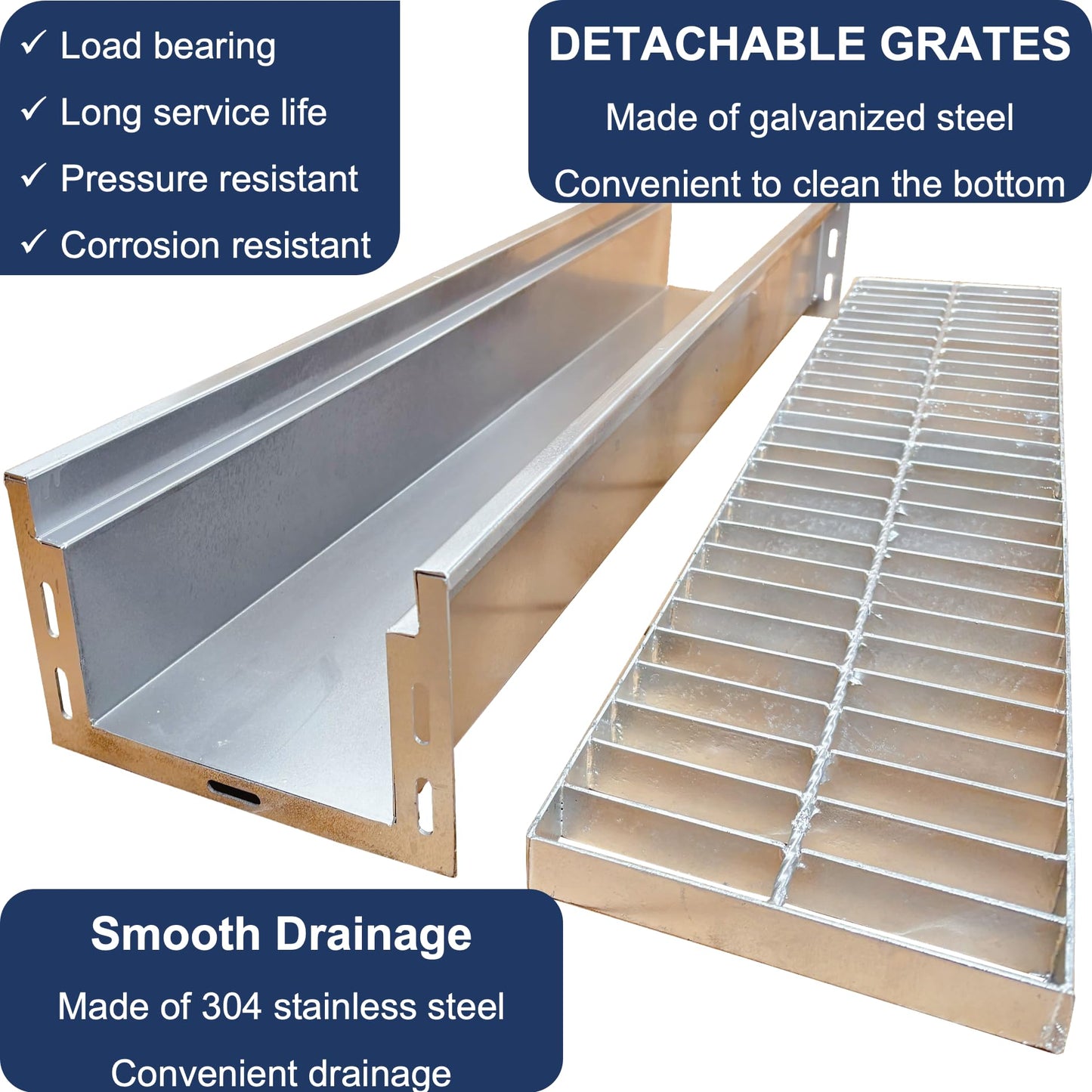 TIANYAMAI 304 Stainless Steel Channel Drain with Galvanized Steel Grate 39.4x9x6 in, B-Class 28100 lbs Heavy-Duty Drain Kit for 3" Pipe, Trench Drainage System for Outdoor, Driveway, Garage, Yard