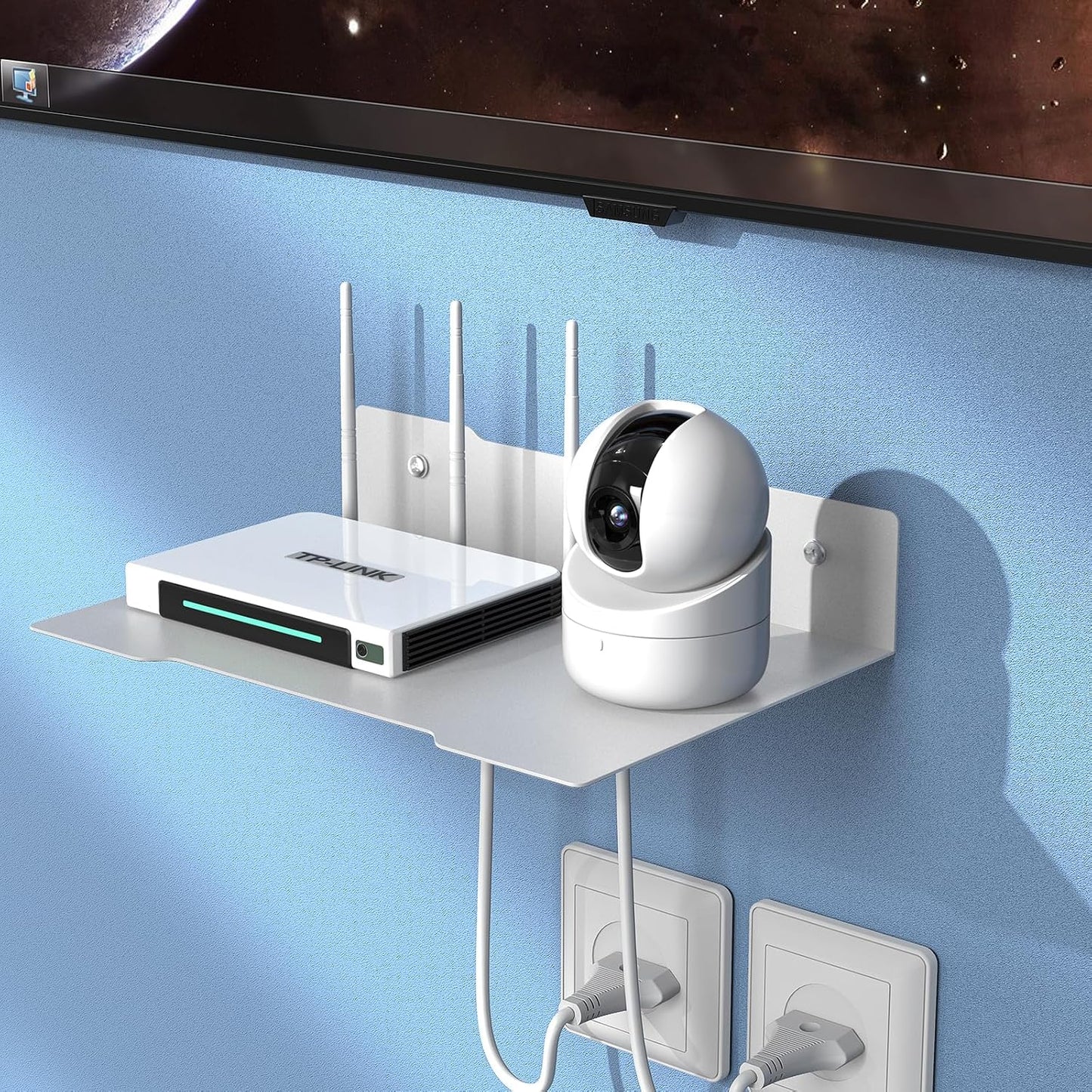 Compact White Projector Shelf - Wall Mount Floating Rack with Cable Ties