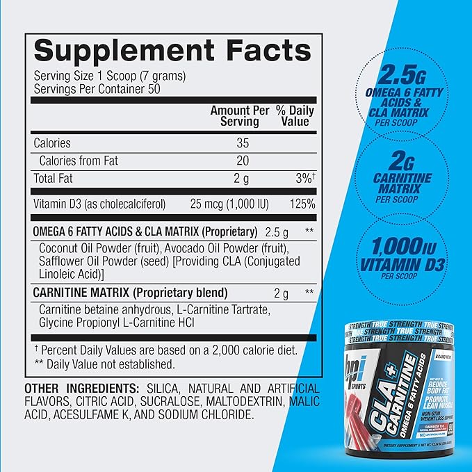 BPI Sports CLA+Carnitine ??CLA L Carnitine & Linoleic Acid ??L Carnitine Supplement for Weight Loss, Metabolism & Lean Muscle ??Caffeine Free ??Rainbow Ice ??50 Servings ??12.34 oz