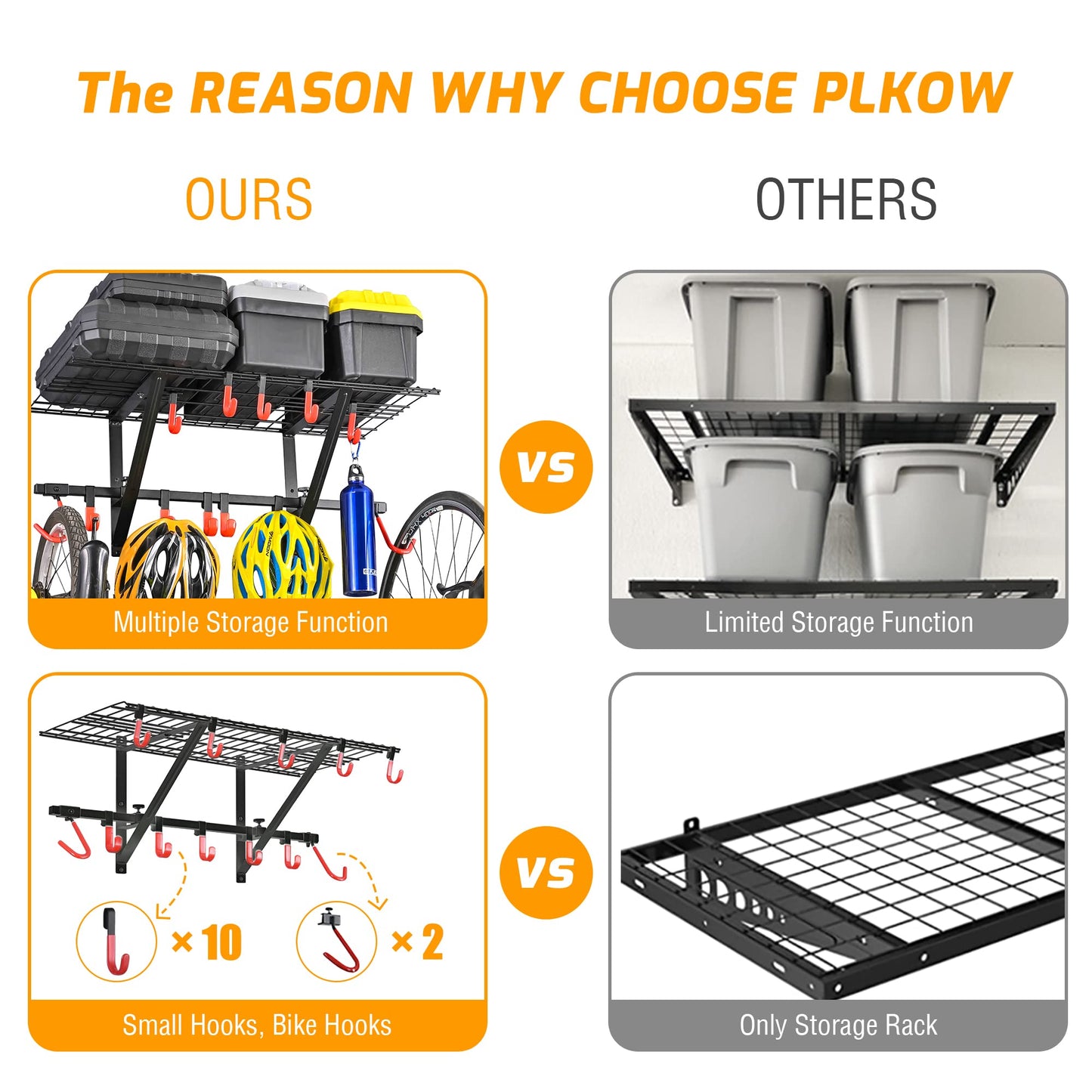 PLKOW Garage Wall Shelving 4-Pack Includes Bike Hooks, Sturdy Adjustable Garage Shelving Wall Mount Wall Organizer (Black, 4-Pack)