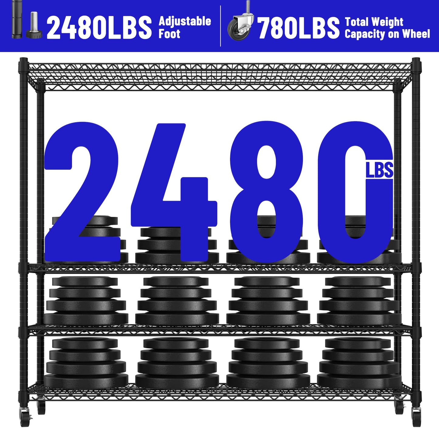 REIBII 2480LBS Capacity Heavy Duty Storage Shelves with Wheels, 1-Inch (25.4mm) Steel Tube, Adjustable Wire Shelving for Garage, Warehouse, Pantry & Commercial Use, 75.6" H x 55.5" W x 24" D