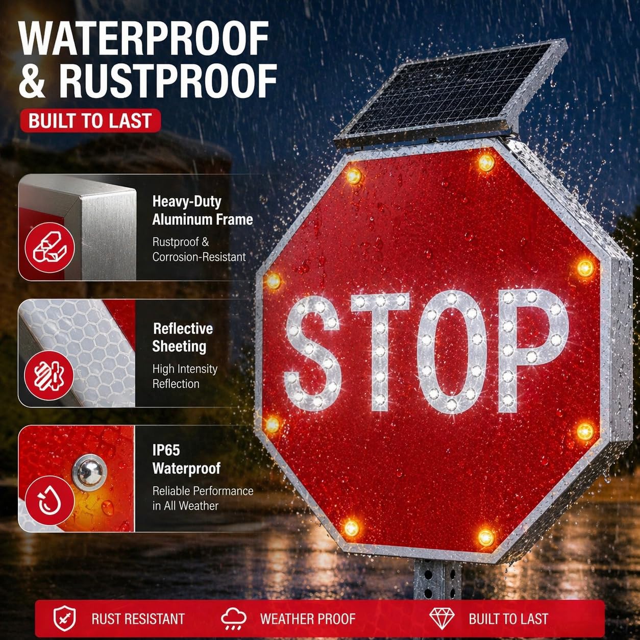 GAJTTR 24in Solar Powered LED Flashing Stop Sign, MUTCD Compliant Traffic Stop Sign with 44 Blinking LEDs,Engineer Grade Reflective Film, Heavy Duty Aluminum Metal Frame Blinking Road Warning Sign for Industrial,School,Driveway,Fire Lane (Red)