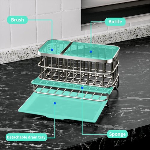 HapiRm Kitchen Sink Organizer - Rustproof SUS304 Stainless Steel Caddy with Sponge Holder | Large Silver Design