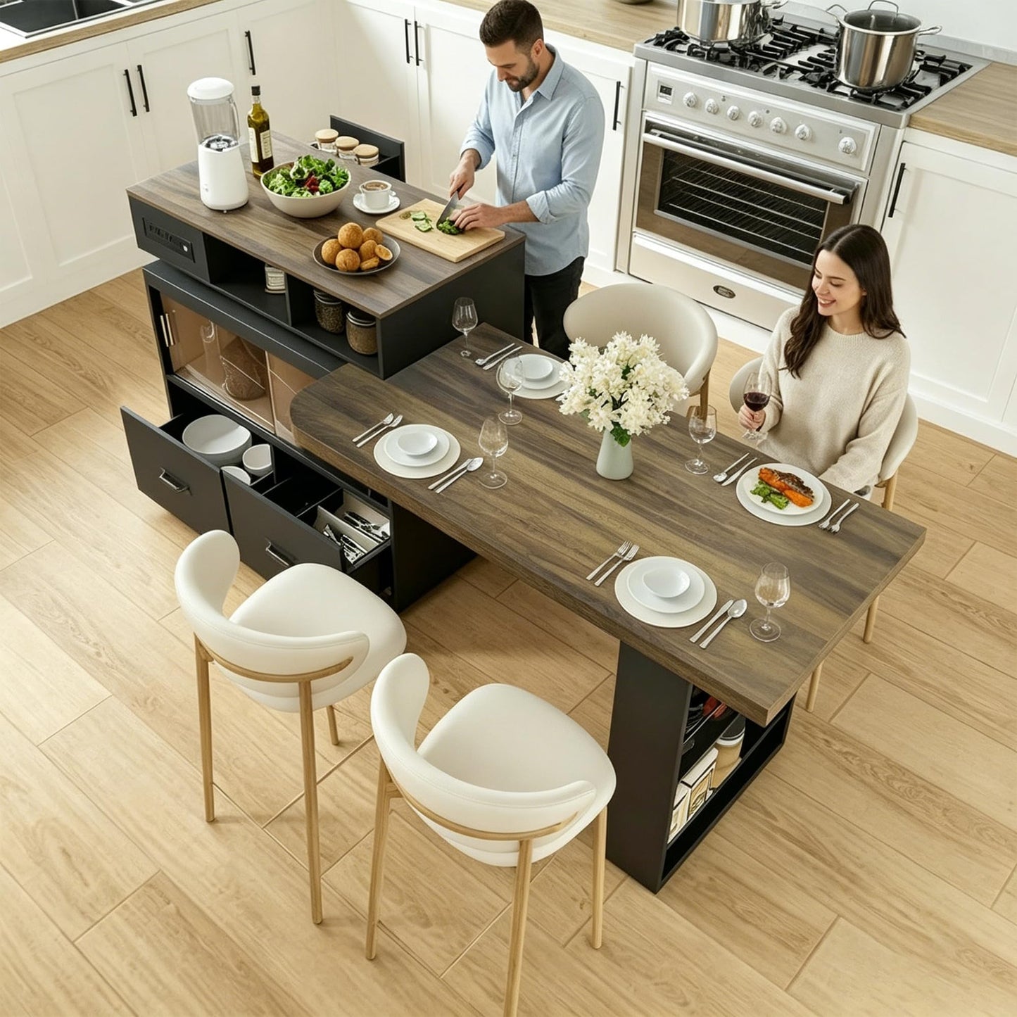 Kitchen Island with Extendable Table,Rolling Kitchen Table with Storage & Seating,Built in Power Outlet, Kitchen Island with Lockable Wheels for Kitchen Island Table with Drawers Rotatable Table Black