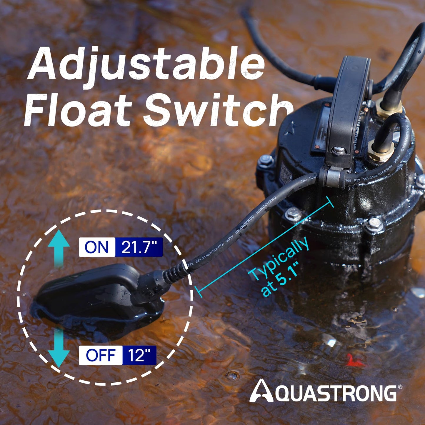 Aquastrong 1 HP Sewage Grinder Pump, 4200 GPH Sewage Pump 2 inch Discharge, Cast Iron Sump Pump Submersible with Auto Float Switch for Basement Sump Basin and Sewage Well, Black