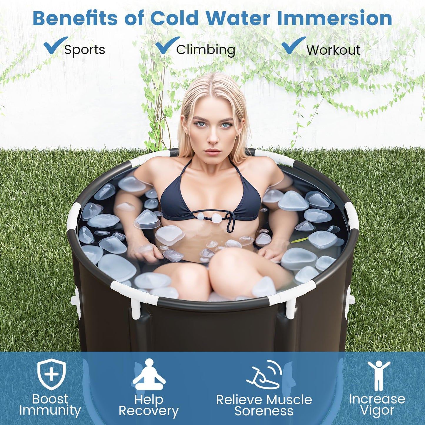 GYMAX Ice Bath Tub, 66 Gal Cold Plunge Tub with Lid & Click Design, Foldable Cold Bath Plunge Tub for Athletes Cold Water Therapy, Portable Freestanding Soaking Tub for Backyard, Home