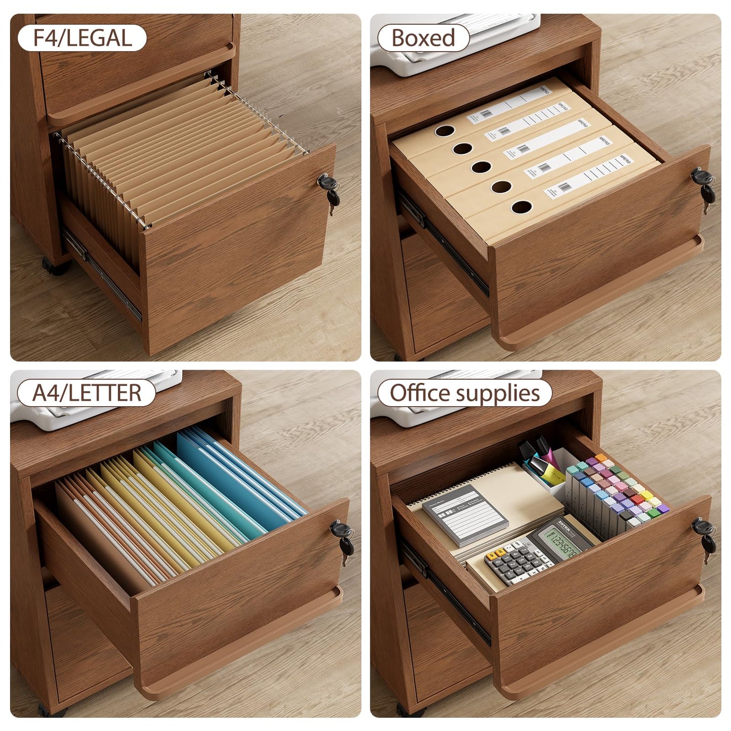 KungFuWood Wheeled Double-Drawer Filing Cabinet, Lockable Metal Filing Cabinet, Suitable for Home Offices or Storage cupboards for Storing Legal documents or Letter-Sized Files.