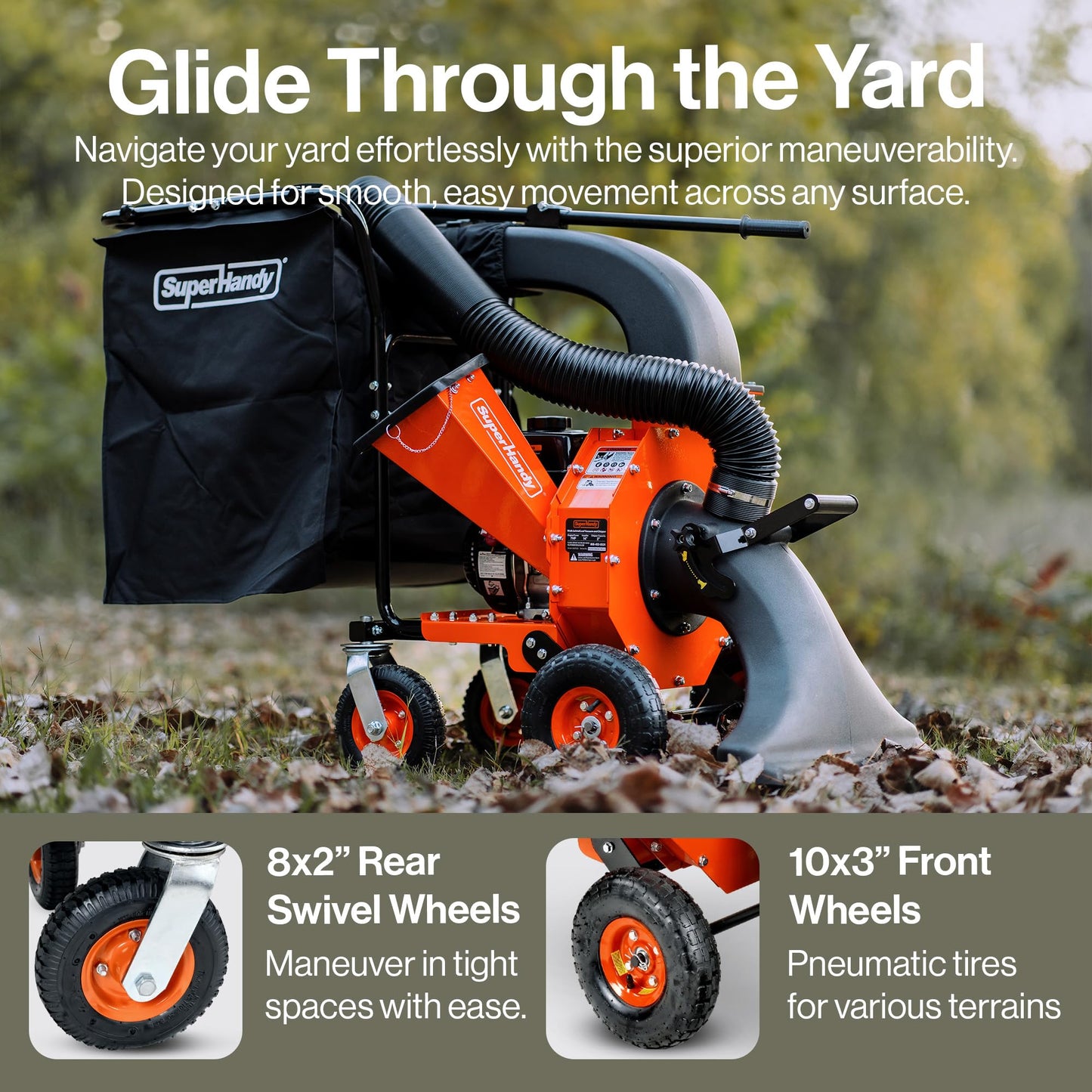 SuperHandy Leaf Vacuum & Wood Chipper - 7 HP 209CC Gas Engine, 10:1 Mulch Ratio, 6 Bushel Bag Capacity, Castor Wheels, Dual Function: Walk-Behind Leaf Vacuum Mulcher & Wood Chipper