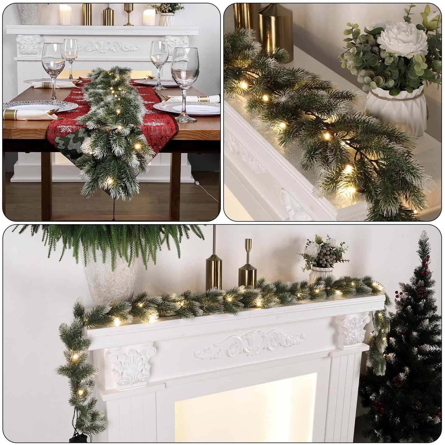 2 Pack Pre Lit Snow Flocked Christmas Garland 6 ft Artificial Christmas Garland with Warm White 30 LED Light and Timer Frosted Faux Pine Winter Garland for Home Indoor Outdoor Mantel Seasonal Decor