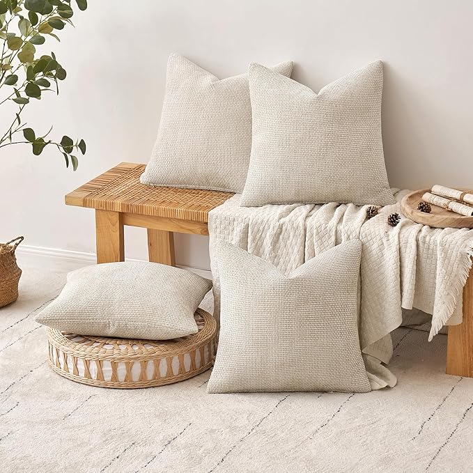 MIULEE Pack of 4 Couch Throw Pillow Covers 18x18 Inch Cream Soft Decorative Chenille Pillow Covers Farmhouse Accent Cushion Covers for Boho Spring Home Decor Sofa Bedroom Living Room