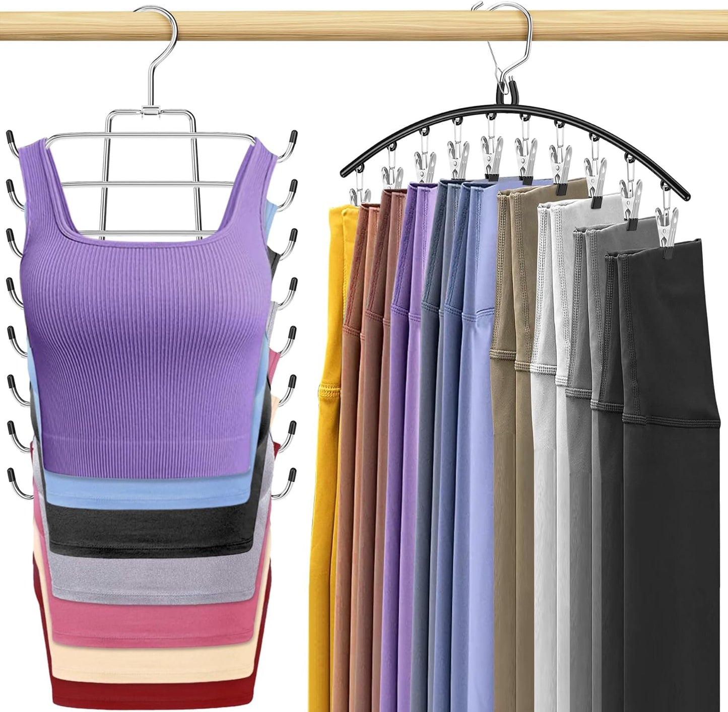 Skiennix Legging Hangers - Space-Saving Closet Organizer with 10 Clips & Tank Top Hanger | 2 Pack