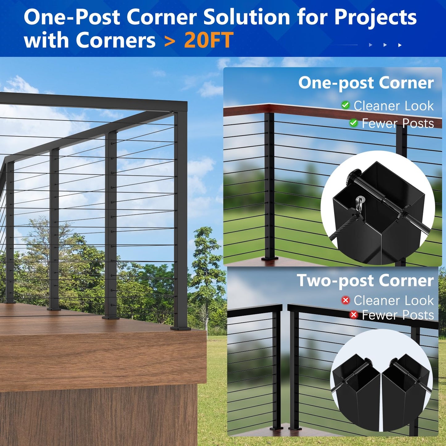 Zylorix 2Pack 42" 3-Sides Cable Railing Corner Post T304 Stainless Steel 90° T-drilled Post, 41"x2"x2" Surface Mount Fixed Top Black Cable Railing System Kit for Decks Balconys with Wire Grommets