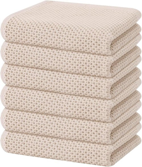 Homaxy 100% Cotton Waffle Weave Dish Towels - Ultra Soft & Absorbent, Quick Drying | 13 x 28 Inches, 6-Pack, Beige