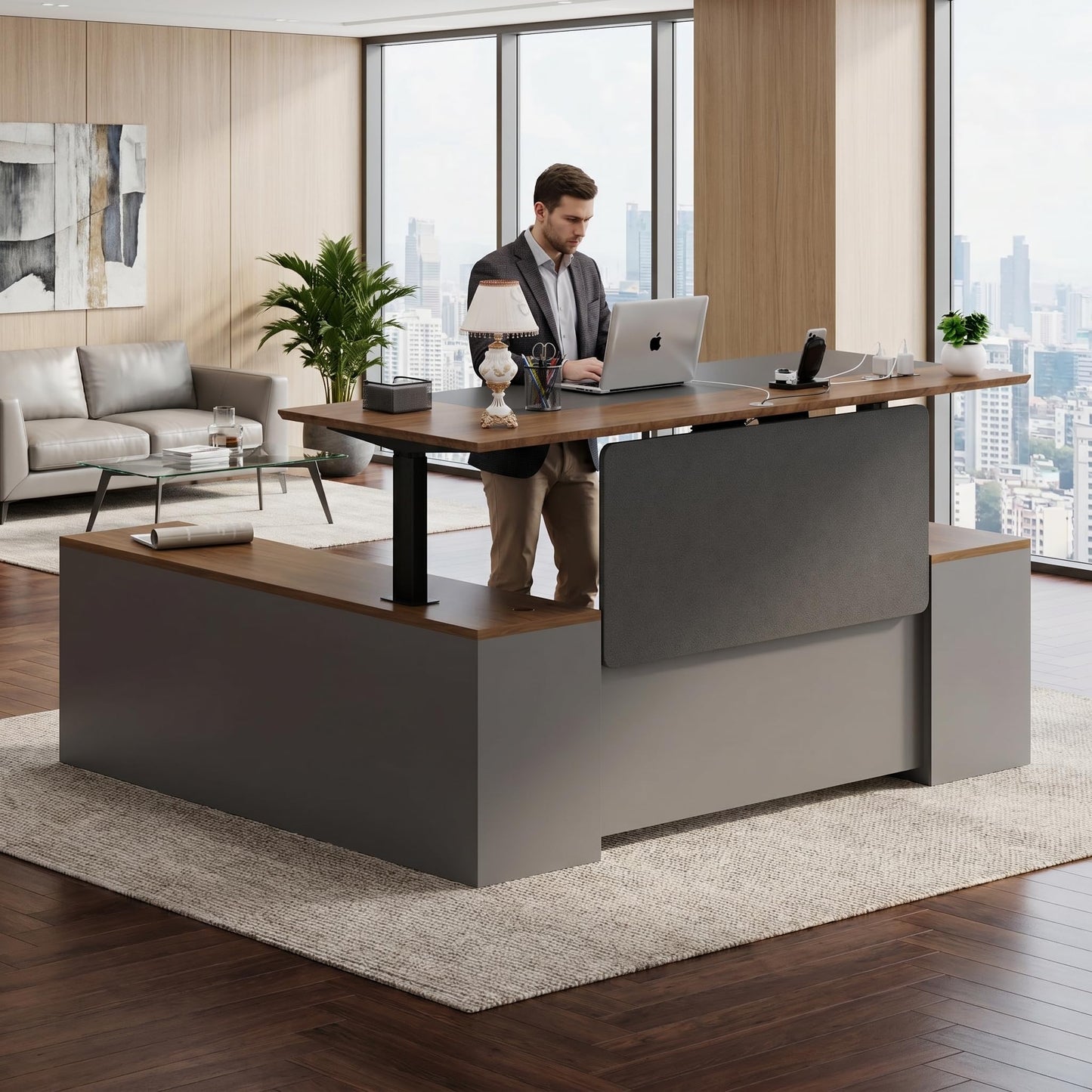 ZIMASYA 79" L Shaped Executive Desk with File Cabinet Drawers Outlet USB, Dual-Motor Adjustable-Height Modern Executive Desk with Privacy Panel for Boss Managers Office Home Natural Wood & Grey