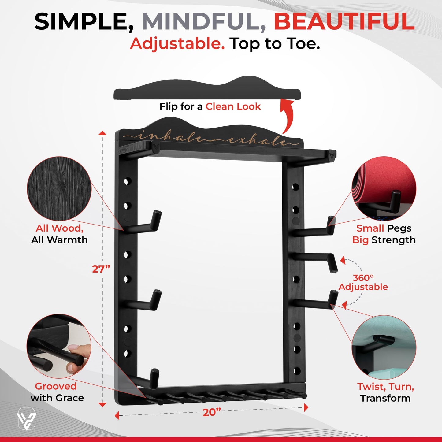 Yoga Mat Holder Wall Mount Home Gym Storage Organizer - Fully Adjustable, All Wood, Crafted Yoga Mat Rack Gym Shelf for Workout Equipment Storage. Unique Yoga Gift for Wall Yoga Storage, Plant a Tree!