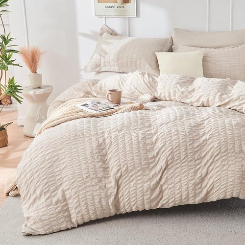 HYMOKEGE Ultra Soft Beige Duvet Cover Set - 3-Piece Queen Size with Zipper Closure & 8 Corner Ties (90"x90")