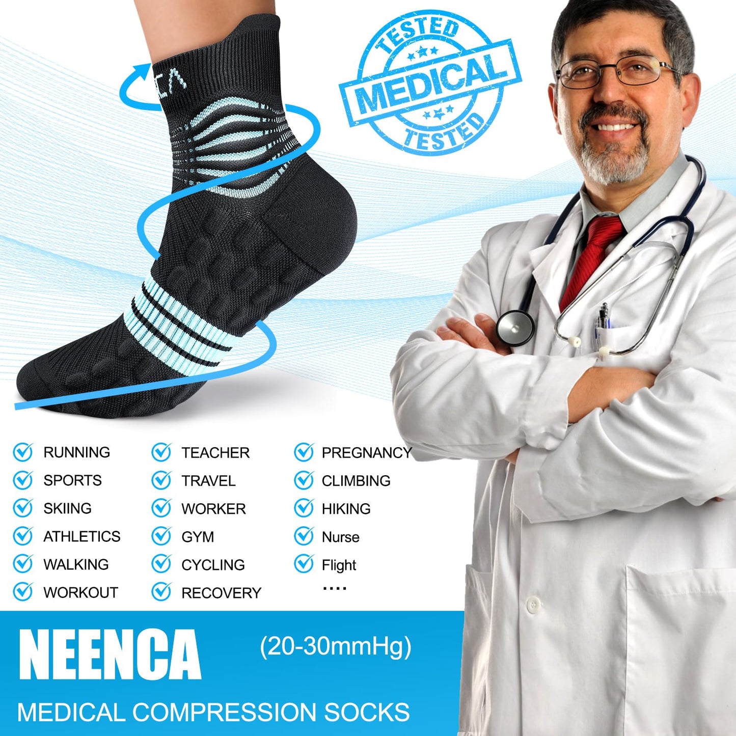 NEENCA Professional Compression Socks, Medical Ankle Socks with Patented Massage Dots for Pain Relief, Plantar Fasciitis, Women/Men Circulation, Swelling, Travel, Sports Protection. 1 Pair, 20-30 mmHg