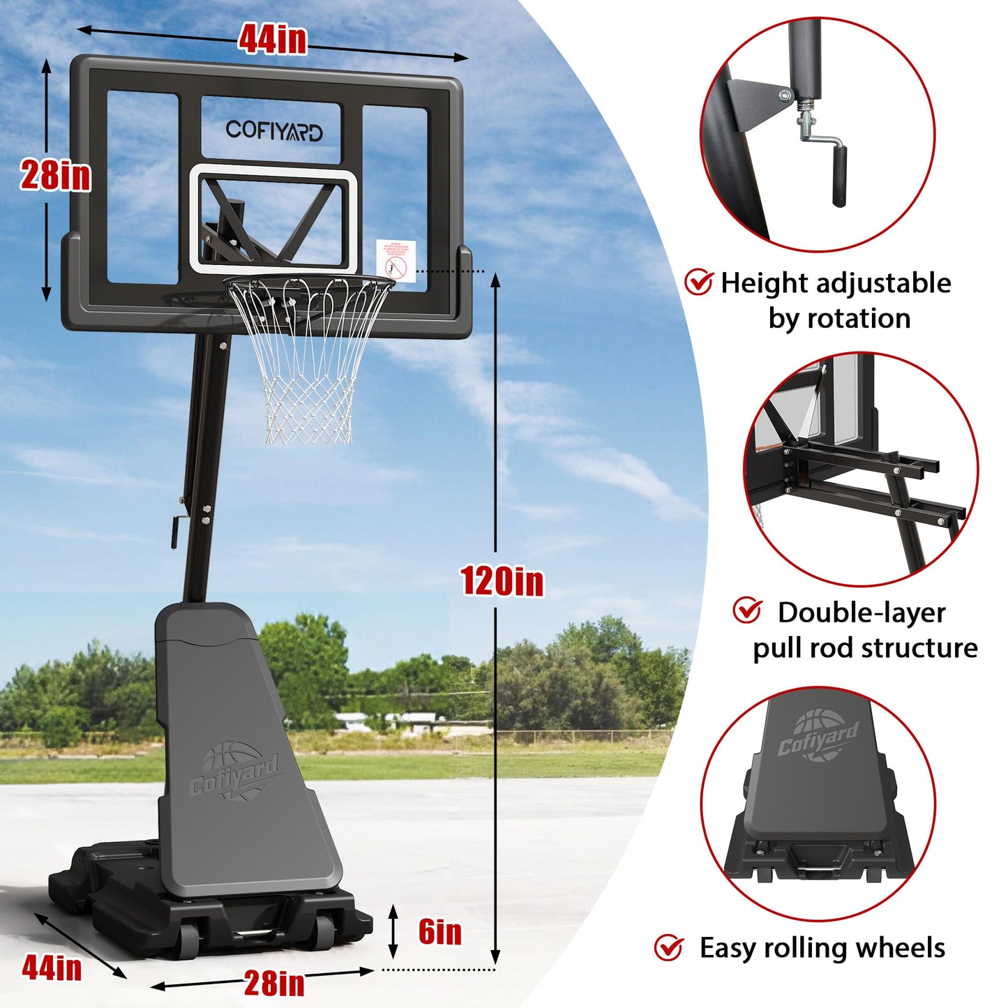 Cofiyard Basketball Hoop Outdoor with 44&48&54In Shatterproof Backboard, 5.25-10FT Height Portable Basketball Hoop with Sandbag, Adjustable Basketball Goal System
