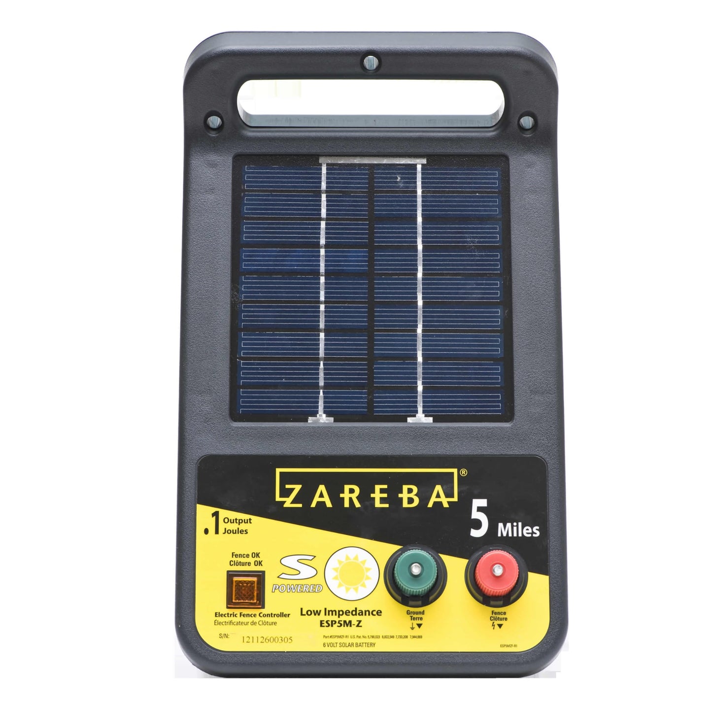 Zareba Solar Electric Fence Charger - 5 Mile Range Low Impedance Energizer with T-Post Mounting Bracket and 360-Degree Rotation, Rotational Grazing Fence Charger for Livestock & Cattle, ESP5M-Z
