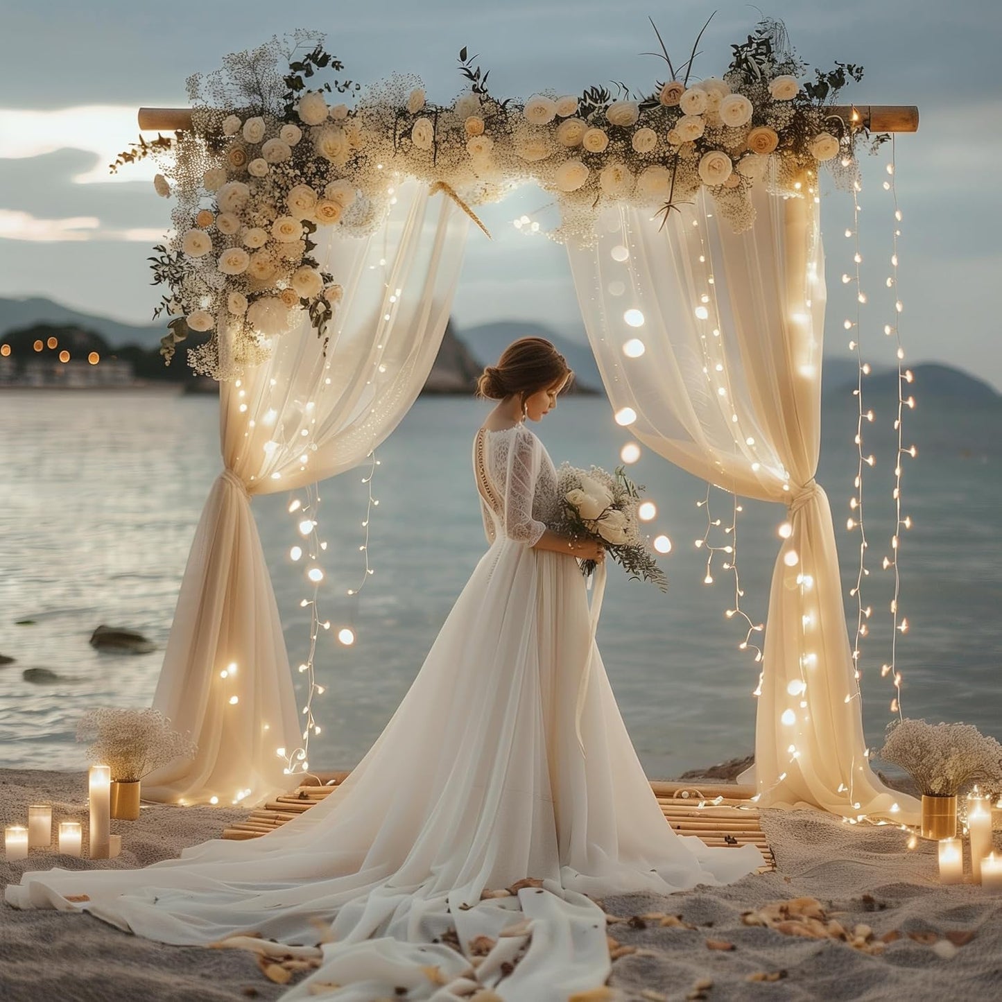 20FT 8FT (4 5x8FT) Fomcet Tulle Curtains with Lights String Champagne X Sheer Backdrop Curtains for Parties Wedding