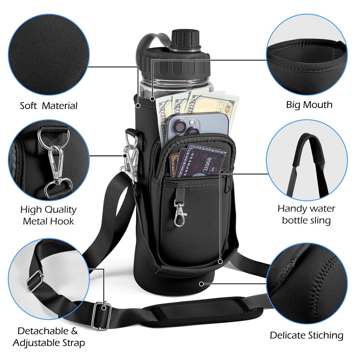 Noxgifix Water Bottle Holder with Strap,Water Bottle Bag,32/40 oz Large Capacity,Adjustable Shoulder Hand Strap,2 Phone Pocket Water Bottle Holder,Water Bottle Accessories for Camping Running Walking