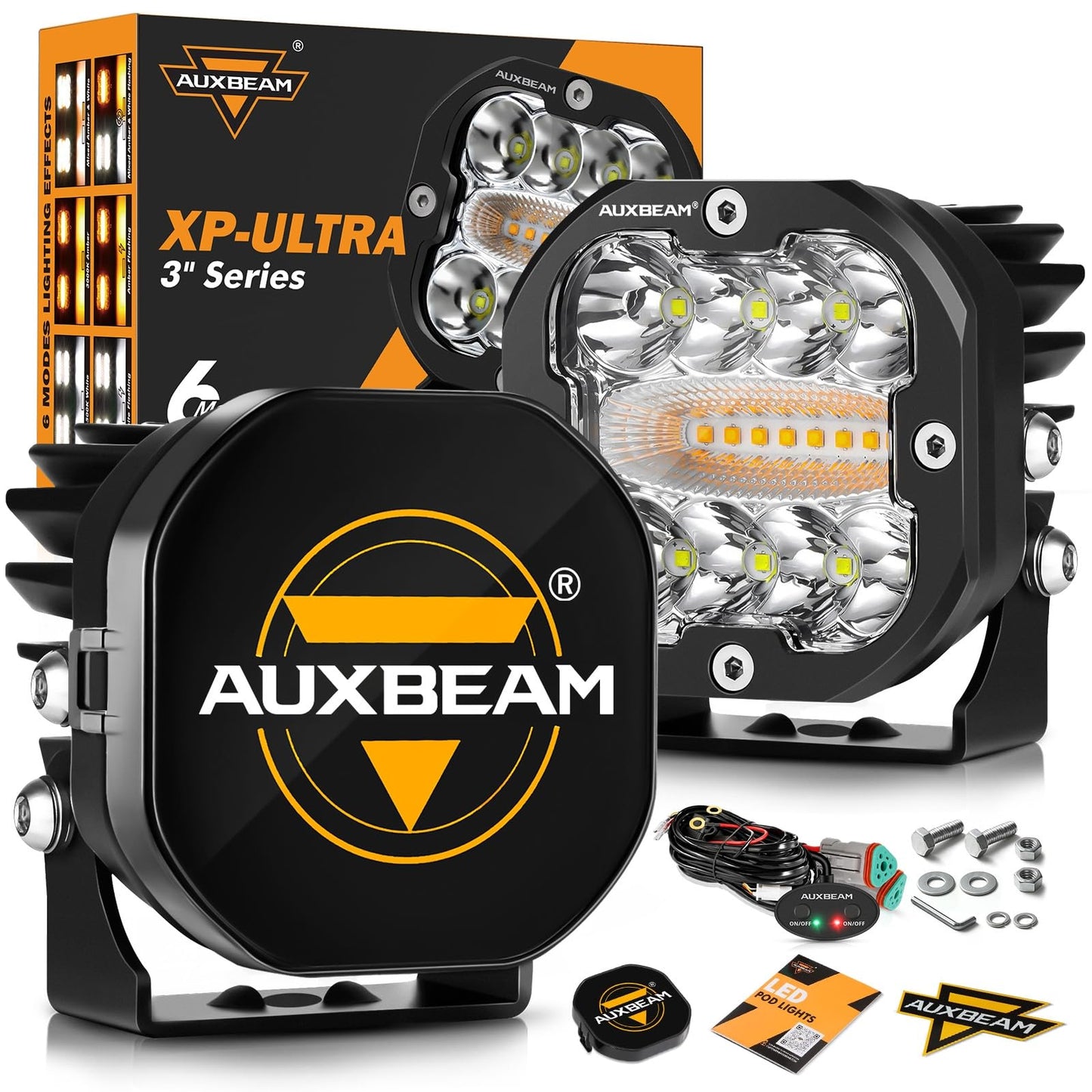 Auxbeam 3 inch Amber White LED Pods with Black Light Covers Bundle, 6 Modes Dual Color Offroad Strobe Lights Amber LED Fog Light Bar Protective Covers for Trucks Car Jeep Motorcycle