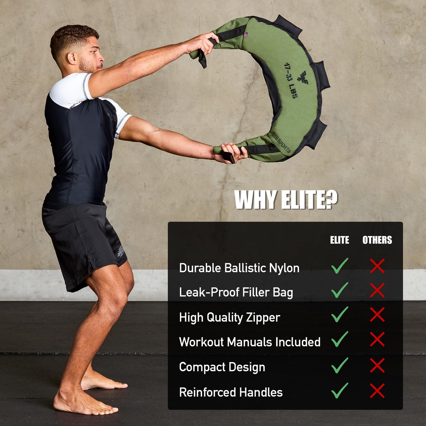 Elite Sports Bulgarian Canvas Bag, Fitness Canvas MMA Gym Cross Workout Training Sandbag 17, 25, 33, 45 lbs (UNFILLED) (Forest Green, 17 LBS)