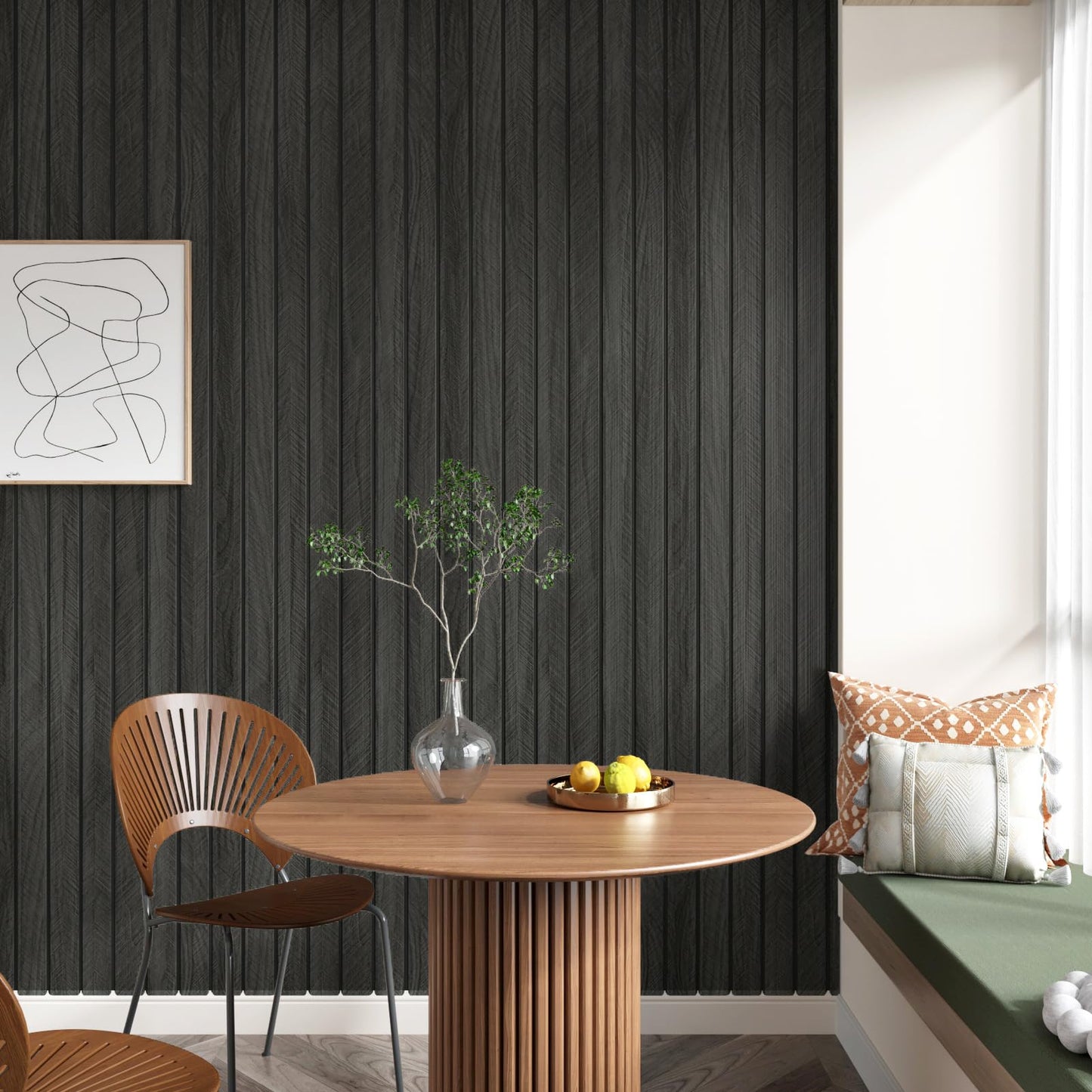 STICKEEP Self Adhesive Wood Slat Wall Paneling Grey/Black 3D Wood Panels for Wall Decor Soundproof Peel and Stick Wooden Grain Panel Wallpaper for Living Room Bedroom Dinner Office 11.8" x 118"
