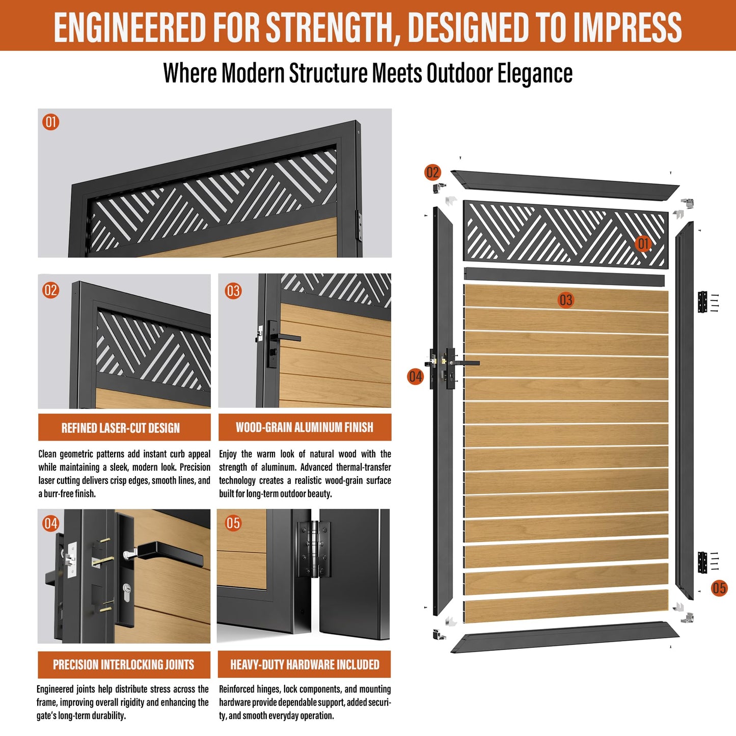 TORMIZ 4x6 FT (46.8"x70.8") All-Aluminum Fence Gate Kit with Wood-Grain Panels – Heavy Duty Anti-Sag Metal Gate Frame, Pre-Installed Left/Right Mount (All-in-One Kit, Panels Included)
