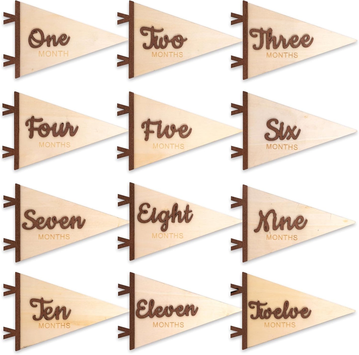 KIETKIE Baby Monthly Milestone Pennant Signs - Wooden Monthly Age Marker from One to Twelve Months, Newborn