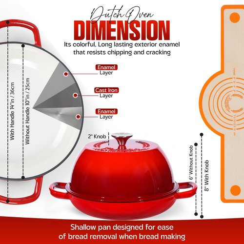 6 QT Enameled Cast Iron Dutch Oven - Sourdough for Bread Baking & Casseroles and more - 10 inch base, includes 5 Blade Bread Lame & Non-Stick Silicone Sling - Oven Safe to 500°F Bread Loaf Pan with Lid - Sourdough Bread Oven - Cast Iron Enamel Bread Loaf