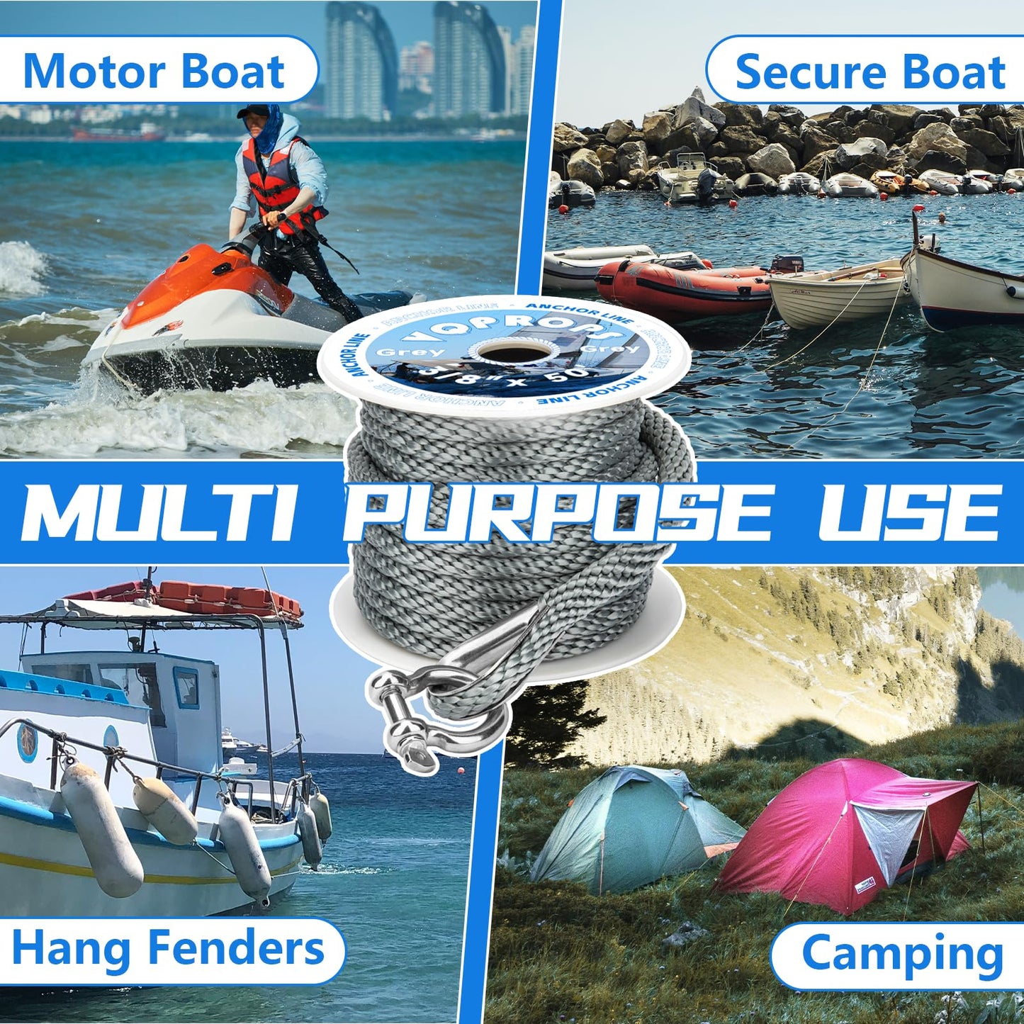 Anchor Line 3/8 inch 50ft. Grey Double Braided Nylon MFP Boat Anchor Rope ，with Stainless Steel Thimble and Shackle ，Anchor Line Fittings for Anchors and Boats Marine Rope