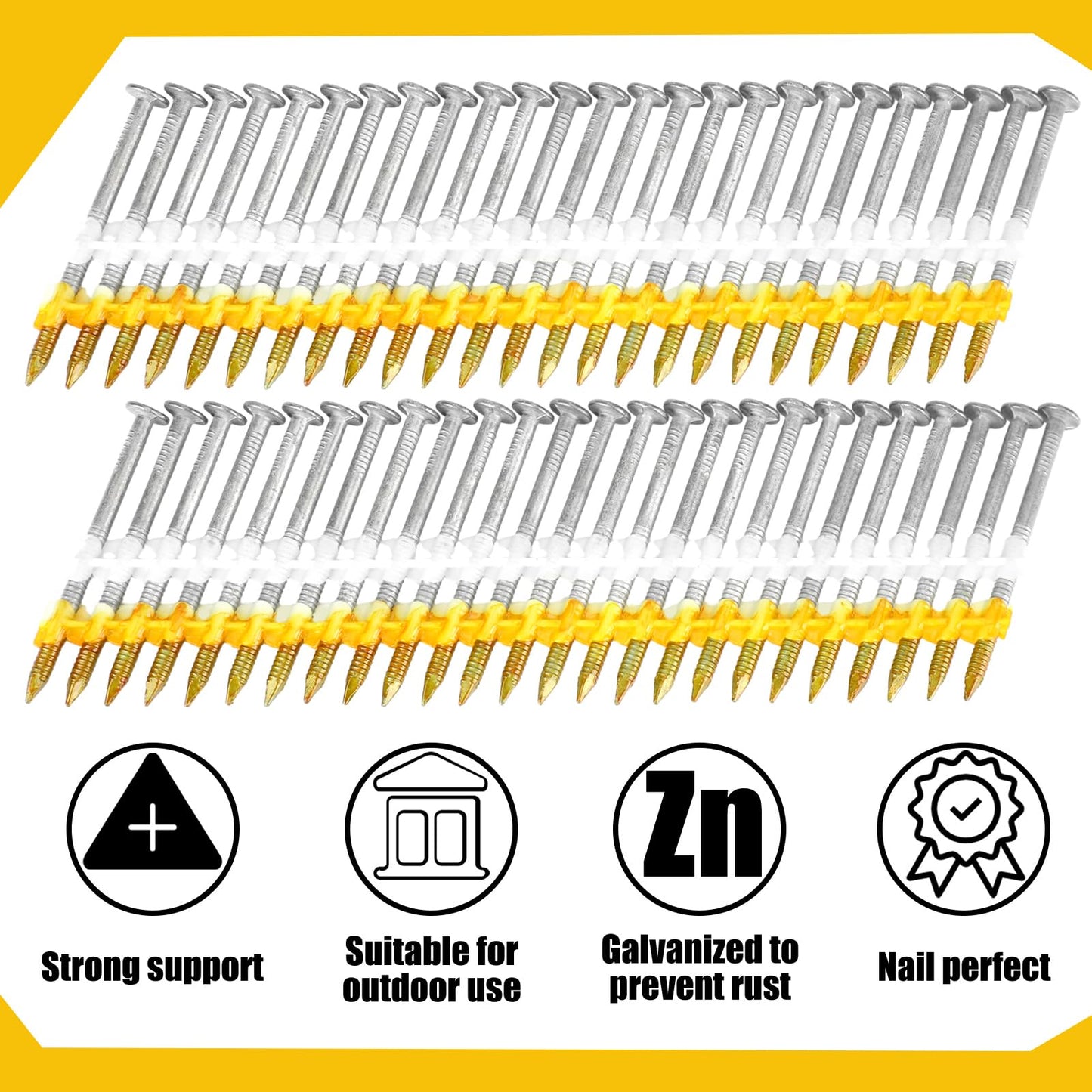 Therwen 2500 Count 3 Inch x 0.120 Inch Framing Nails, 21 Degree, Flat D Head, Galvanized, Ring Shank, Plastic Row Fixed, 21 Degree Framing Nails for Use in All Pressure Treated Lumber