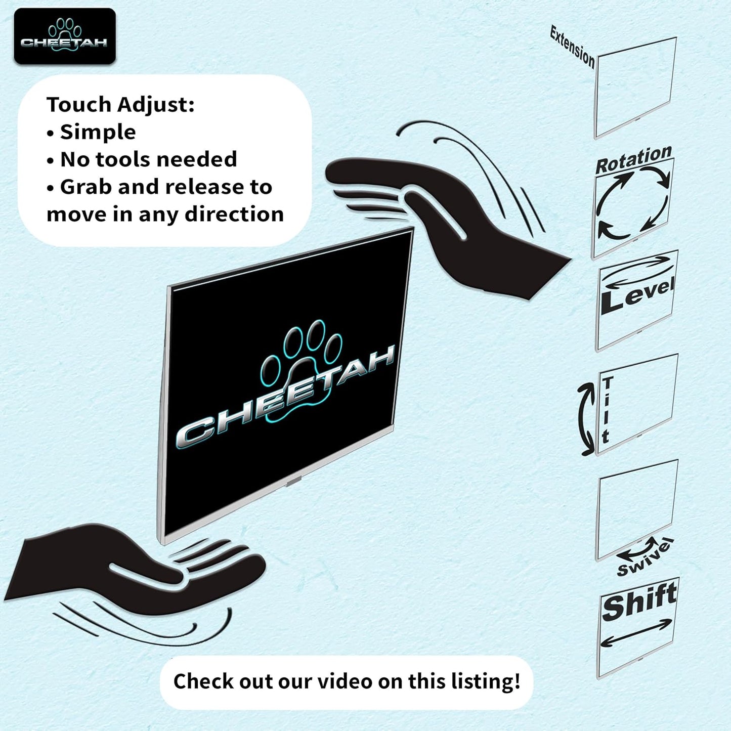 Cheetah 12-49 Inch 40lbs 100x100mm, 10ft 15" TV Monitor Wall Mount for TVs up to VESA with HDMI Cable, TouchAdjust