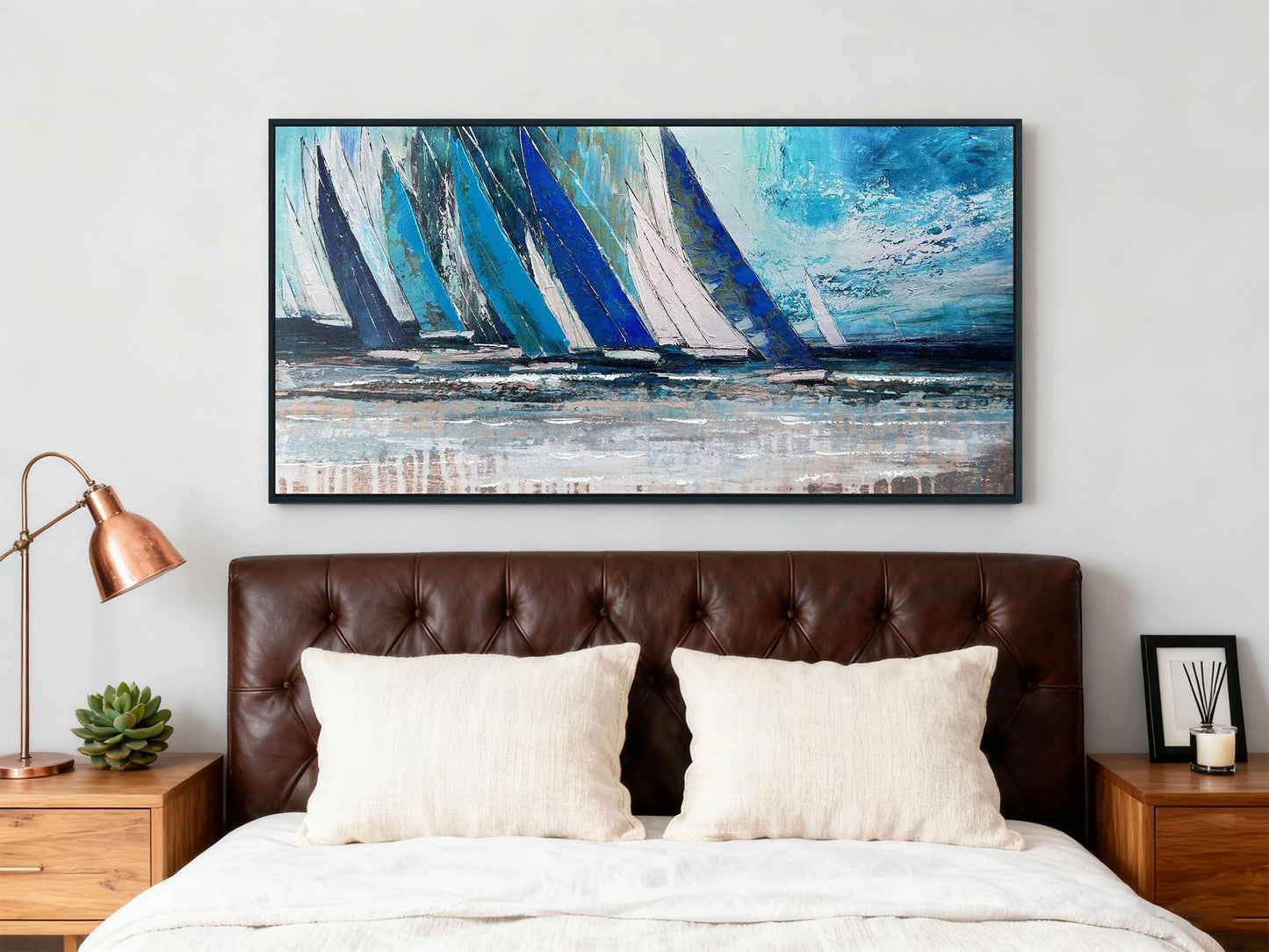 Arjun Framed Wall Art Blue Large Sailboat, Nautical Abstract Canvas Painting for Living Room 40"x20", Teal Coastal Picture Artwork Bedroom Home Office Wall Decor