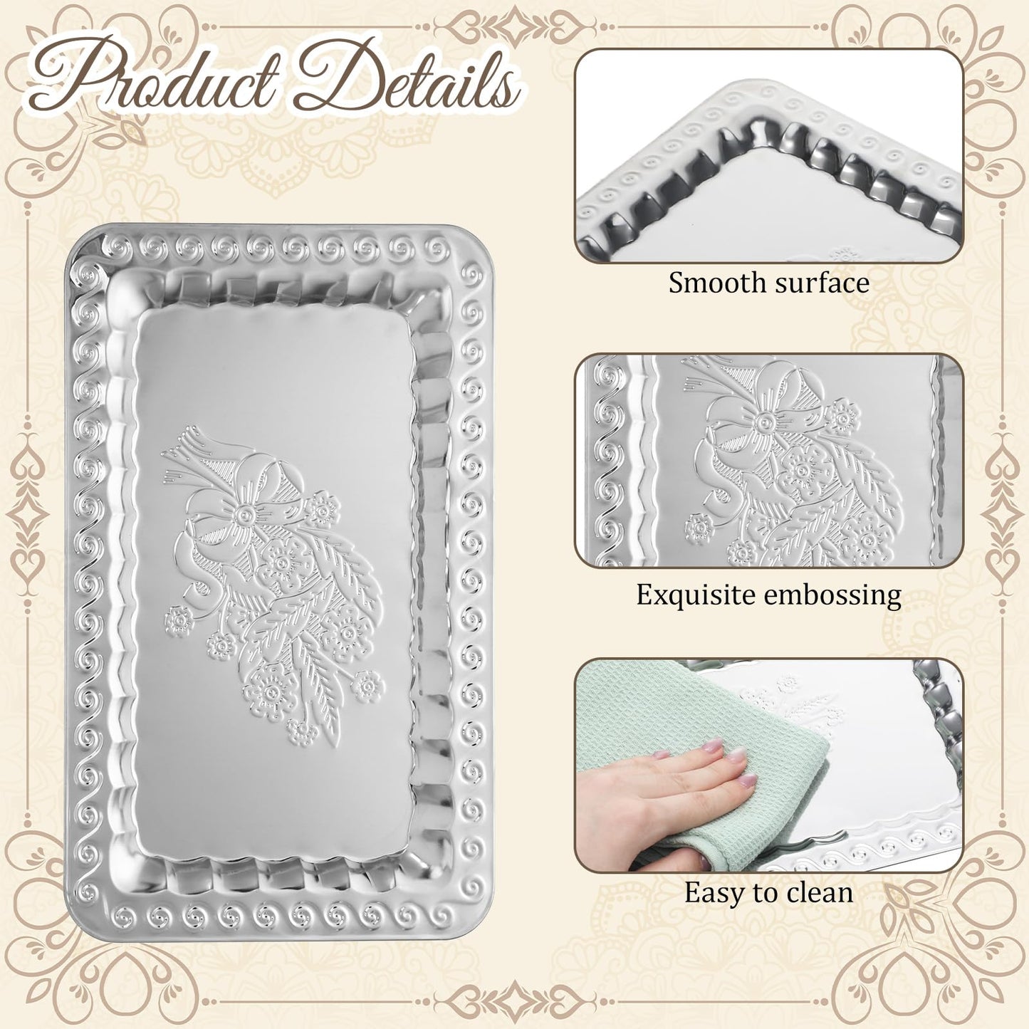 6 Pcs Silver Serving Trays, 13.8" x 8.7" Stainless Steel Rectangle Serving Tray, Decorative Silver Plates, Swirl Floral Engraved Tray, Metal Sizzler Plates for Coffee Table, Bar, Party, Club, Home