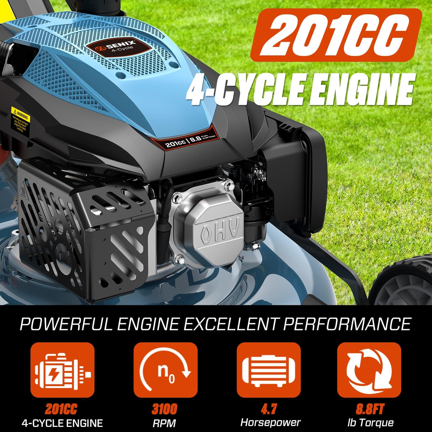 SENIX 22 Inch Gas Lawn Mower, 201cc 4-Cycle OHV Engine, Variable Speed Rear Wheel Self-Propelled Mower, 3-in-1 Mower with Bagging, Mulching & Side Discharge, 6-Positions Adjustable Cutting Height