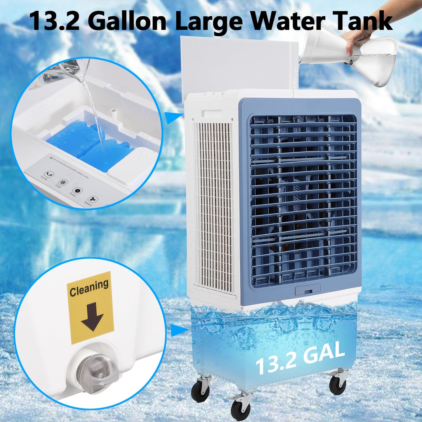 TAKYWEP Swamp Cooler, 3500CFM Evaporative Air Cooler with 13.2 Gallon Water Tank and 4 Ice Packs, 12H Timer, 3 Modes & Wind Speeds for Outdoor Indoor Use
