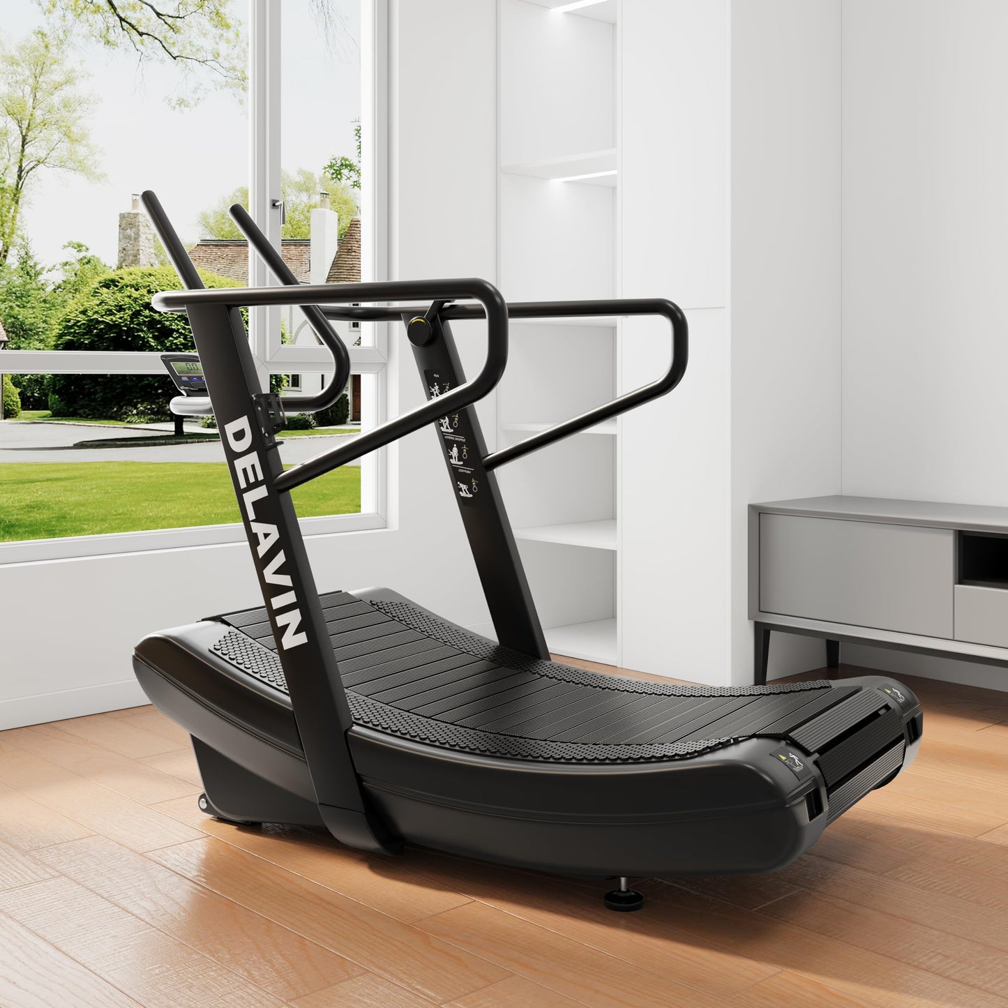 DELAVIN Curved Manual Treadmill, Non Electric Treadmill with 4 Resistance Levels, Motorless Treadmills with Front Digital Display and Handlebar, Wide Belt Treadmills 440LBS Capacity for Home Gym(FBA)