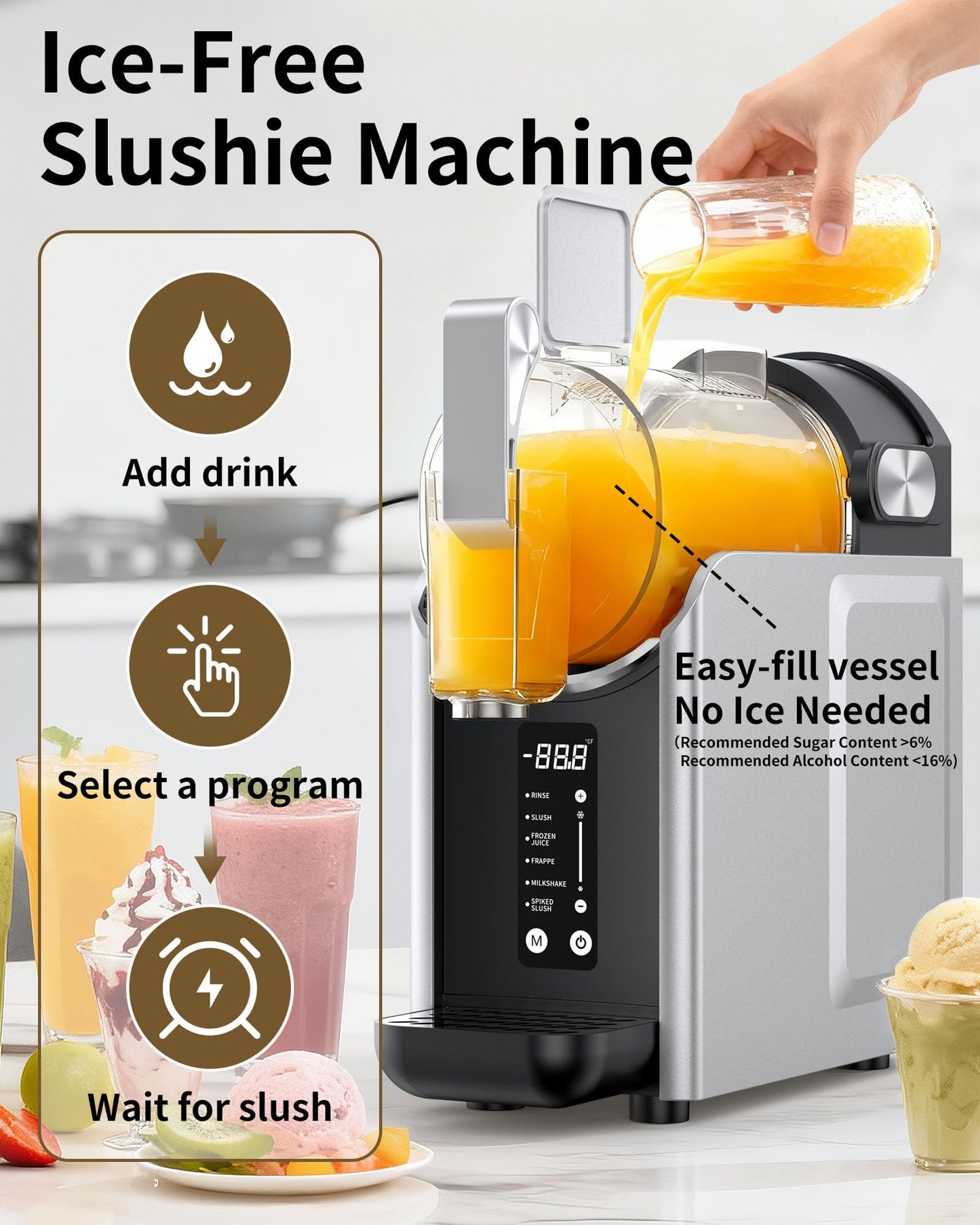 Slushie Machine, Slushy Maker for Home, Frozen Drink Maker with 5 Preset Programs for Margaritas, Frappés, Milk Shake, No Ice Needed, LED Display, Self Clean