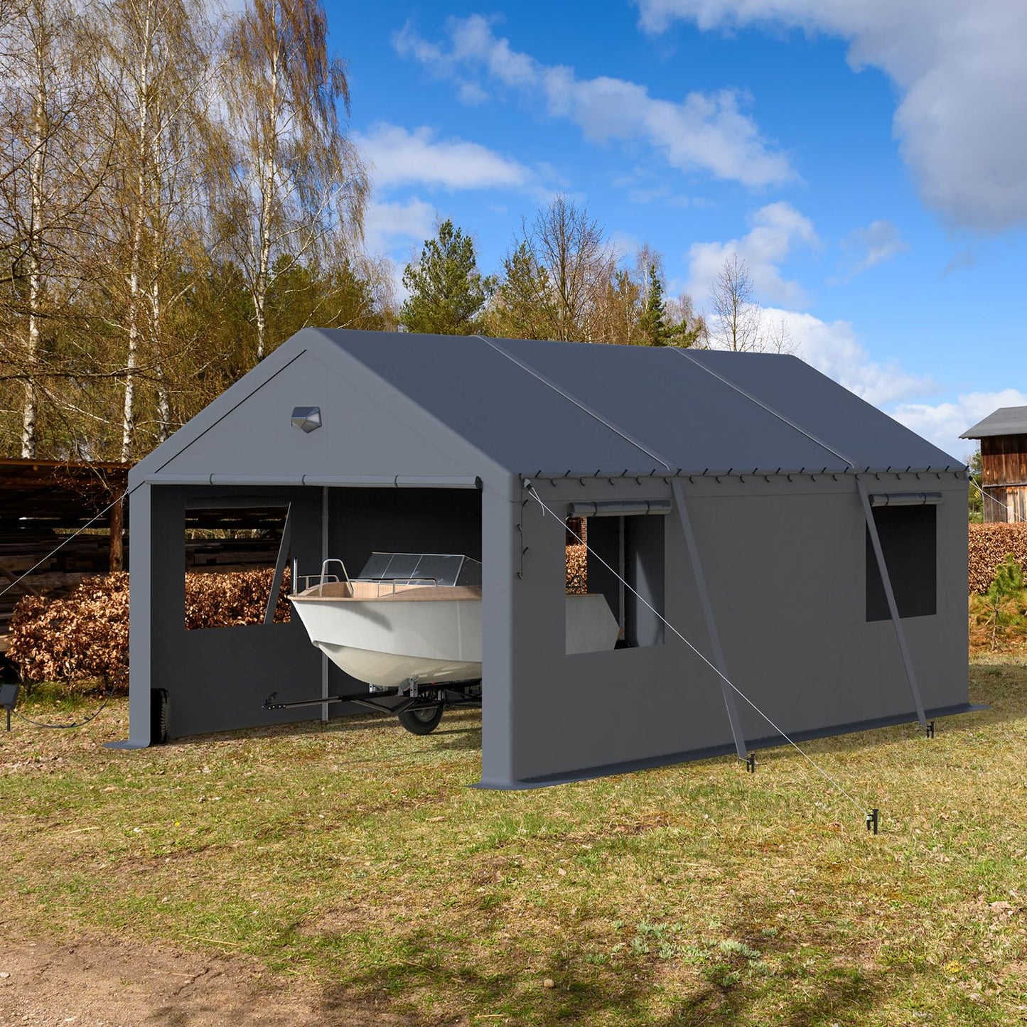 Benass 12x20 FT Heavy Duty Carport Canopy, Drive-Through Portable Garage with Roll-up Doors, Screened Windows, Removable Sidewalls, All-Weather Waterproof Shelter for SUV, Boat & Outdoor Storage