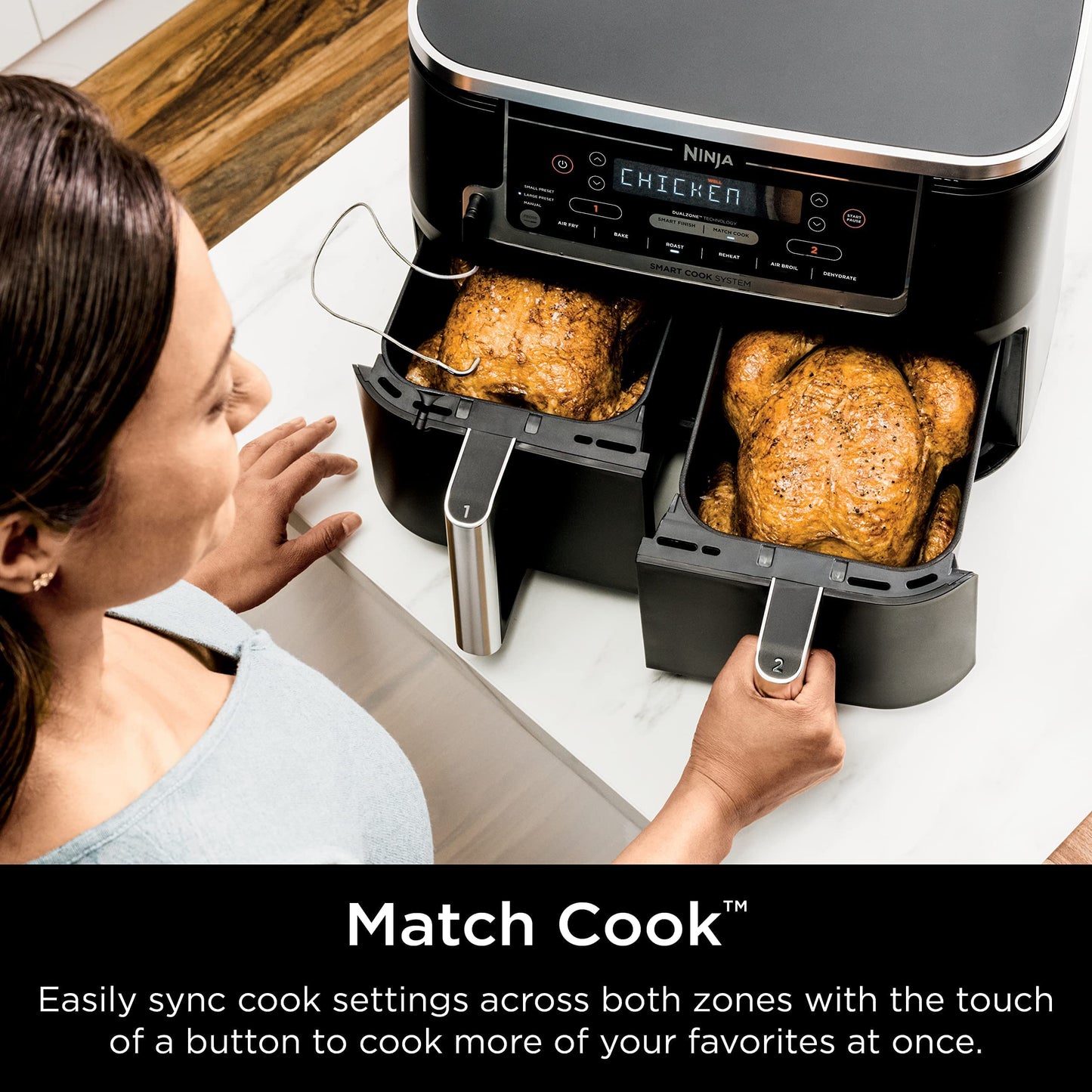 Ninja DZ550 Foodi 10 QT 6-in-1 DualZone Smart XL Air Fryer with 2 Independent Baskets, Smart Cook Thermometer for Perfect Doneness, Match Cook & Smart Finish to Roast, Dehydrate & More, Grey